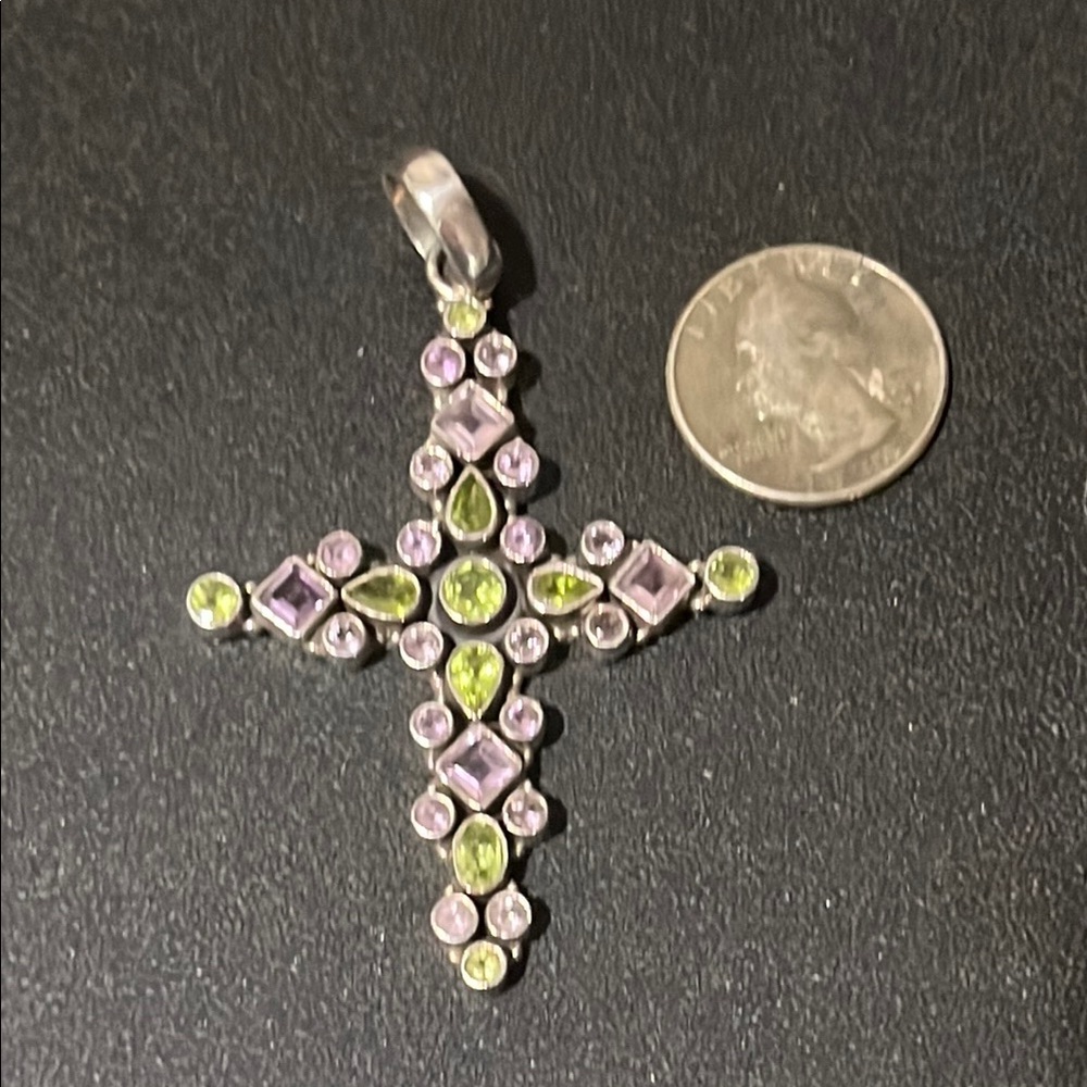 Amethyst and Peridot.925  Silver Cross Pendant